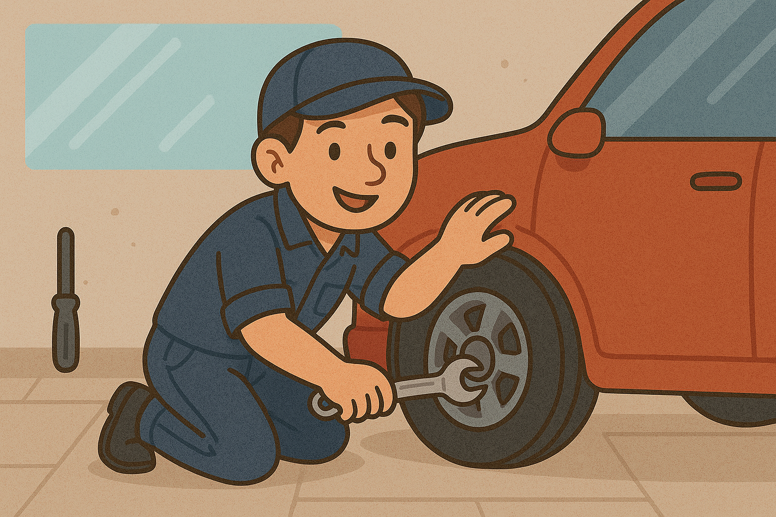 Mechanic with gloves and diagnostic tablet near a sports car under workshop lights